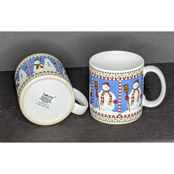 VTG Sakura Debbie Mumm SNOWMAN Mug Set of 2 Different Designs 3 5/8" Tall 1998 - Picture 3 of 4